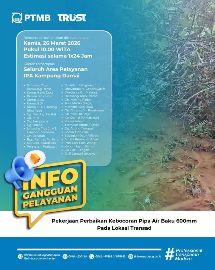 Pipa Air Baku Bocor, Kamis (26/3/2026) Distribusi Terganggu. Dirut: Mohon Maaf, Silakan Tampung Air