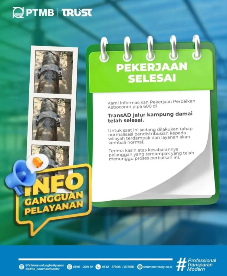 Hanya 9 Jam, Pipa Bocor TransAD Selesai Diperbaiki